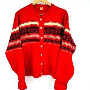 True Vintage 1960’s Norsk Knit Fishing Nordic Cardigan Sweater Red Mens Large